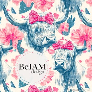 May include: A seamless pattern featuring a blue and white illustration of a Highland cow wearing a pink bow. The background is a cream color with pink flowers and blue cactus.