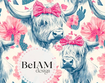 Pink Bow Highland Cow Seamless Pattern: Western Fabric Print (Digital)