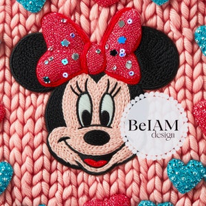 May include: Pink knitted fabric with a large embroidered image of Minnie Mouse wearing a red bow with sequins. The fabric has a heart pattern and the text "BelAM design" is visible in a white circle.