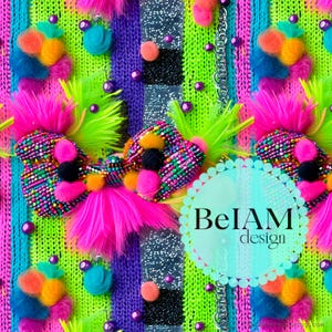May include: A colorful, abstract textile design featuring a variety of textures, including knit, fur, and beads. The design is dominated by bright colors, including pink, green, blue, and purple. The text "BelAM design" is visible in the center of the image.
