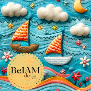 Fichier répétitif de motif sans couture de bateaux brodés 3D pour sublimation de tissu bateaux papier numérique scrapbooking journal Surface Design papier peint