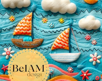 Embroidered Boats Seamless Pattern: Fabric Sublimation, Scrapbook Paper (Digital)
