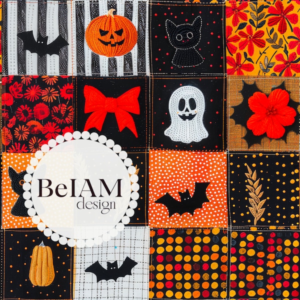 Cute Halloween Patchwork Seamless Pattern Repeating File for Fabric Sublimation Download Digital Paper Scrapbook Surface Design Wallpaper