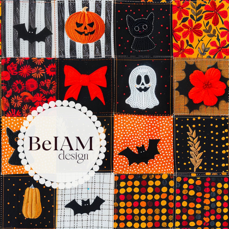 K&ouml;nnte beinhalten: Ein schwarz-wei&szlig;es Patchwork-Quilt mit Halloween-Motiv. Die Decke zeigt verschiedene Bilder, darunter Flederm&auml;use, K&uuml;rbisse, Geister und eine Schleife. Die Decke enth&auml;lt auch den Text "BeIAM design".
