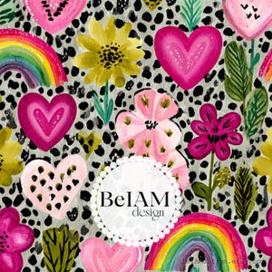 May include: A vibrant pattern featuring hand-painted flowers, hearts, and rainbows in shades of pink, yellow, and green. The design includes a speckled gray background and the text "BeIAM design" in a white circle.