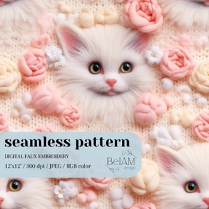 Fichier sans couture florale de fausse broderie de chat modèle de chat mignon pour l'impression sur le fichier sans couture de Saint-Valentin de chat modèle sans couture de chat