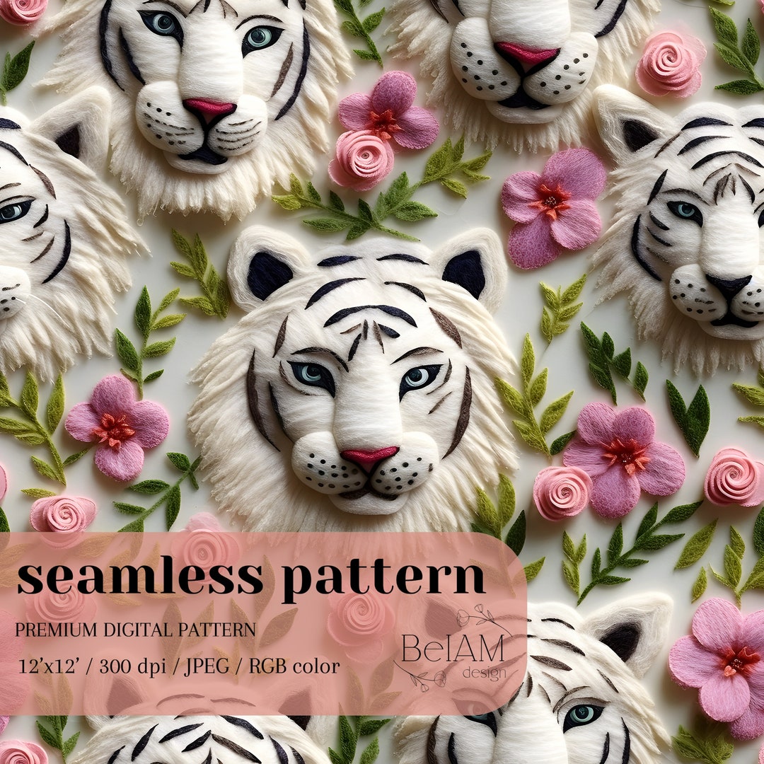 White Tiger Embroidery Seamless File Pink Floral Tiger Repeat Fabric ...