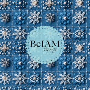 Peut inclure: Un tissu bleu avec un motif r&eacute;p&eacute;titif de flocons de neige brod&eacute;s en blanc et bleu. Chaque flocon est orn&eacute; de petites perles blanches. Un cercle bleu clair au centre affiche le texte BeIAM design sur le motif en grille.