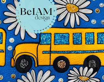 Glittery Daisy School Bus Seamless Pattern: Fabric Sublimation, Scrapbook (Digital File)