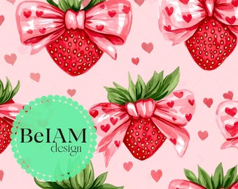 Coquette Strawberry Valentine Seamless File Repeat Print for Fabric Sublimation Digital Paper Craft Design Wallpaper Background