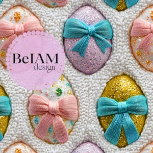 Oeufs de Pâques pastel 3D avec motif sans couture de noeuds répétant le fichier pour la répétition de fichier de tissu personnalisé de papier numérique de paillettes d'or de sublimation