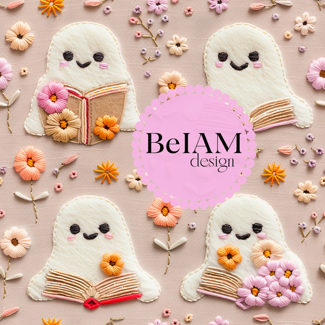 Floral Reading Ghosts Seamless Pattern: Bookish Fabric Sublimation ...