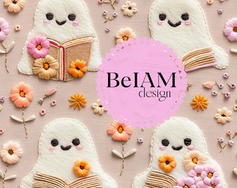 3D Floral Reading Ghosts Seamless Pattern: Bookish Fabric Sublimation (Digital Paper)