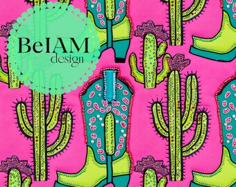 3D Neon Cowgirl Boots Seamless Pattern: Western Fabric Print (Digital)