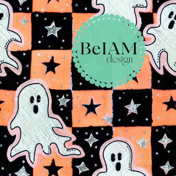 Retro Checkered Halloween Seamless Pattern: Ghosts and Stars (Digital Paper)