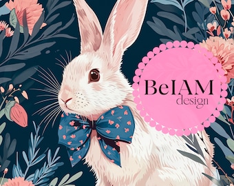 Patrón sin costuras de conejito de Pascua con flores: Diseño de tela primaveral (archivo digital)