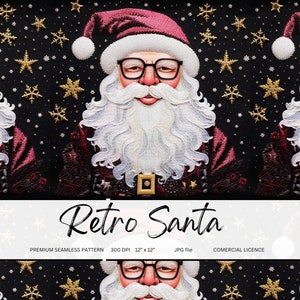 Embroidery Retro Santa Seamless File for Printing on Fabric Faux Embroidery Seamless Christmas Papers Repeat Fabric Design