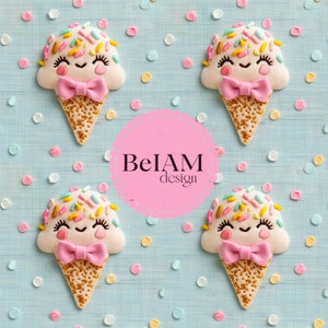 May include: Four felt ice cream cones with sprinkles and a pink bow. The ice cream cones are on a blue background with white and colored confetti.