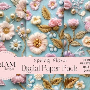 3D-borduurwerk lente bloemen digitaal papier rommel dagboeken bloem achtergronden afdrukbare papier set digitale download scrapbooking knutselen doe-het-zelf