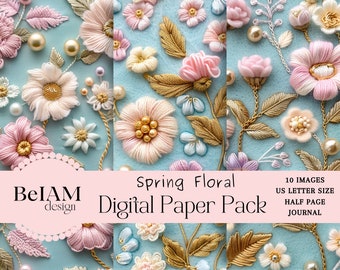 May include: A digital paper pack with 10 images of embroidered flowers in shades of pink, white, and blue on a light blue background. The text "Spring Floral Digital Paper Pack" is displayed on a pink banner.