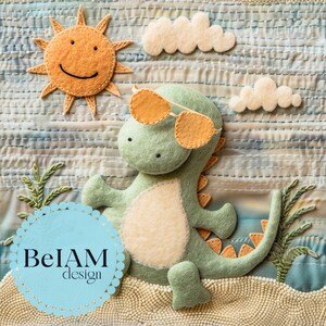 3D-lustiger Dino am Strand, nahtlose Musterwiederholungsdatei für Stoffsublimation. Laden Sie digitales Papier-Scrapbook-Oberflächendesign-Hintergrundbild herunter