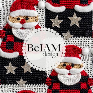 May include: A red and black knitted fabric with a repeating pattern of Santa Claus figures and silver glitter stars. The fabric has the text "BelAM design" in a white circle.