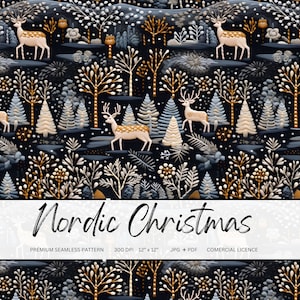 Nordische Weihnachts-Kunststickerei, nahtloses Muster, weihnachtliche nahtlose Datei zum Drucken auf Stoff, Scandi-Weihnachts-Rentier-Stickerei