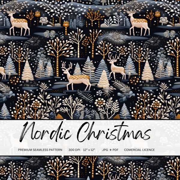 Nordic Christmas Faux Embroidery Seamless Pattern Christmas Seamless File for Printing on Fabric Scandi Christmas Reindeer Embroidery