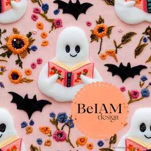 3D niedlichen Lesegeist Nahtlose Muster-Wiederholungsdatei für Stoff Sublimation Bookish Halloween Digitale Papier Handwerk Tumbler Design Tapete