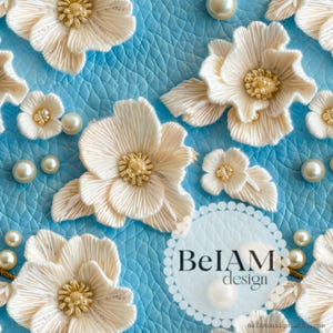 3D White Blue Floral Pearls Seamless Pattern Repeating File for Fabric Sublimation Digital Paper Custom Fabric Commercial Use