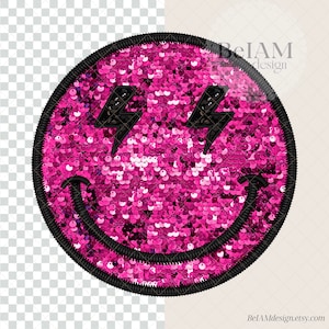 Puede incluir: Parche de cara sonriente de lentejuelas rosas con ojos de rayo negro y contorno negro.