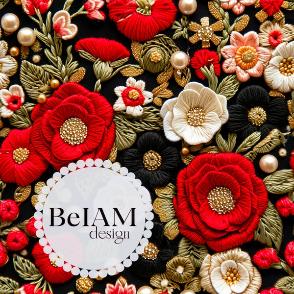 3D Floral Embroidery Pattern: Seamless Fabric Sublimation (Digital Download)
