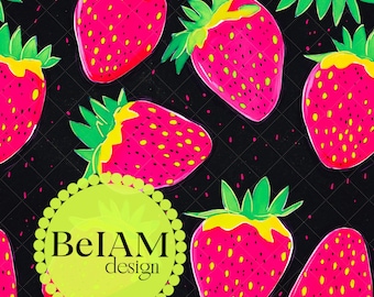 Neon Strawberry Seamless Pattern: Bright Summer Fabric Print (JPEG)