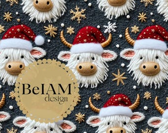 3D Cute Santa Highland Cow Seamless Pattern Repeating File for Fabric Sublimation Xmas Cows Digital Paper Craft Tumbler Design Wallpaper