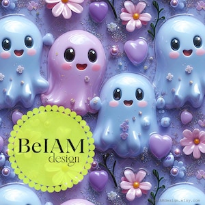 3D Cute Kawaii Ghosts Seamless Pattern Repetindo Arquivo para Tecido Sublimação Kawaii Ghost Digital Paper Craft Tumbler Design Papel de Parede