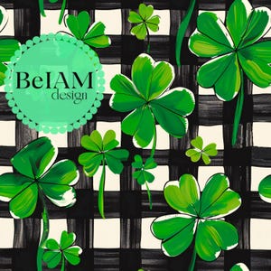 May include: A seamless pattern featuring green four-leaf clovers on a black and white checked background. The design is repeated throughout the image. The text "BeIAM design" is visible in the top left corner.