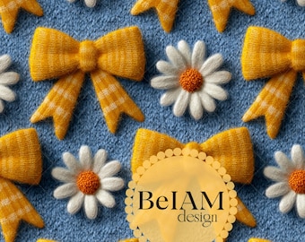 3D Daisy Bows Seamless Pattern: Blue Yellow Coquette Fabric (Digital Paper)