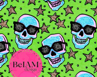 Glittery Funky Neon Skulls Seamless Pattern: Halloween Fabric, Commercial Use (Digital File)