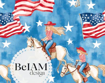 4th of July Cowgirl Fabric Pattern: Patriotic Seamless Digital Paper (JPEG)