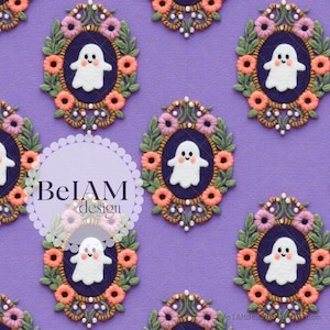 Fall Floral Ghosts Seamless Pattern Repeating File for Fabric Sublimation Bright Fall Digital Paper Custom Fabric Commercial Use