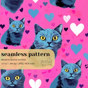 May include: A seamless pattern featuring blue cats with yellow eyes and pink hearts on a pink background. The text "seamless pattern" is at the top of the image. The text "PREMIUM DIGITAL PATTERN" is below the first text. The text "12'x12'/300 dpi /JPEG/RGB color" is below the second text. The text "BeIAM design" is on the right side of the image.