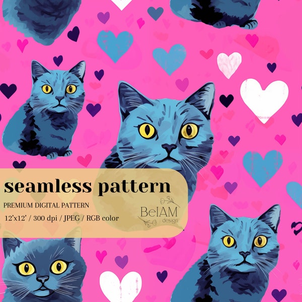 Valentines Cat British Shorthair Seamless Pattern Cat Repeating Pattern for Fabric Printing Valentines Paper Cute Cat Repeat Fabric Design