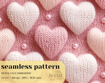 May include: A seamless digital pattern featuring a repeating design of soft, pale pink knitted hearts on a textured pink knit background, accented with small, round, glossy pink beads. The image includes text: seamless pattern, DIGITAL FAUX EMBROIDERY, 12'x12' / 300 dpi / JPEG / RGB color, BeIAM design.