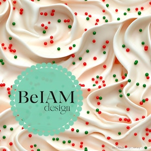 May include: A close-up of white frosting with red and green sprinkles. The frosting is swirled and has a light pink hue. A teal circle with the text "BelAM design" is in the center of the image.