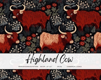 Highland Cow Fabric Pattern: Seamless Animal Print (Digital Download)