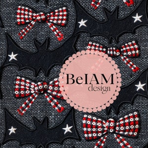 Checkered Bows Spooky Bats Seamless Pattern Repeating File for Fabric Sublimation Halloween Digital Paper Scrapbook Surface Design Wallpaper