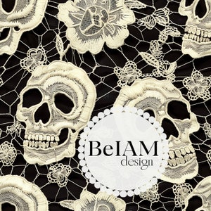 May include: White lace fabric with a skull design and the text "BeIAM design".