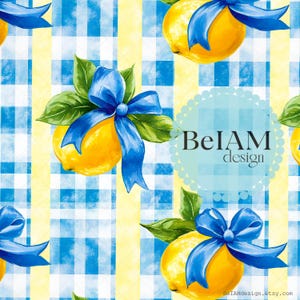 May include: A seamless pattern featuring yellow lemons with blue bows on a blue and white gingham background. The text "BeIAM design" is in a circle on the pattern.