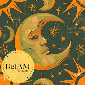 Soleil et lune motif sans couture fichier répétitif pour sublimation tissu rétro céleste sans couture papier numérique téléchargement immédiat