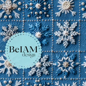 May include: A blue background with a white circle containing the text "BeIAM design" surrounded by white snowflakes embroidered on a blue fabric. The snowflakes are decorated with white beads.